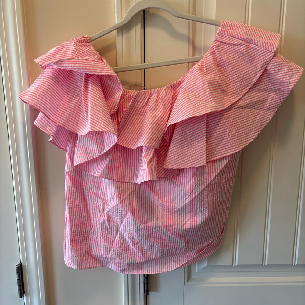 Lilly Pulitzer Trixie one shoulder top Pink And White Stripe Seersucker - size M